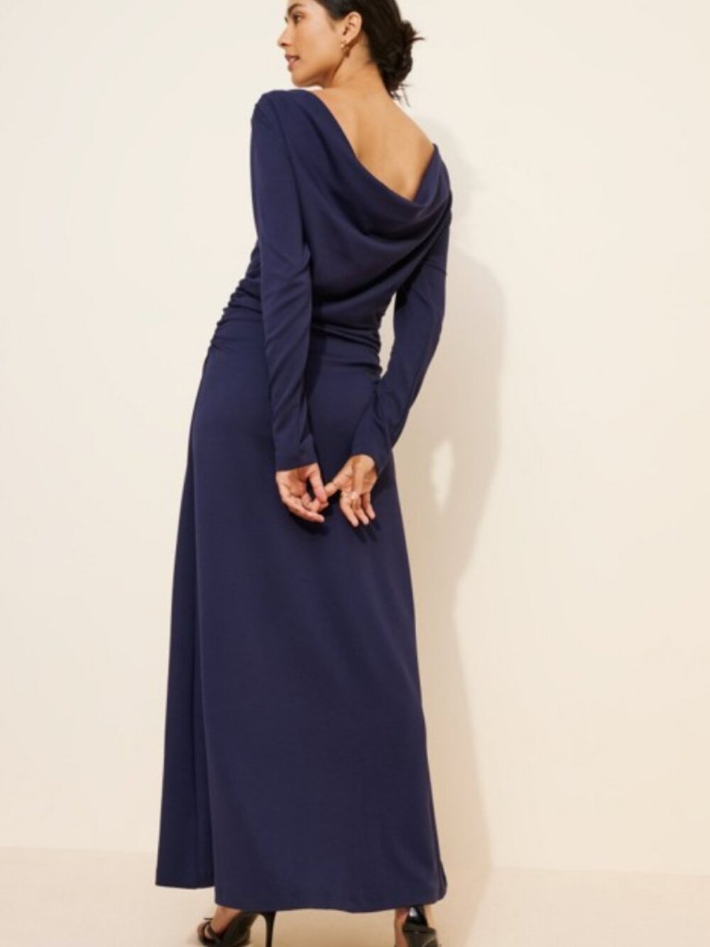 Anthropologie Knit Cowl Back Maxi Dress Navy Blue Long Sleeves M NWT